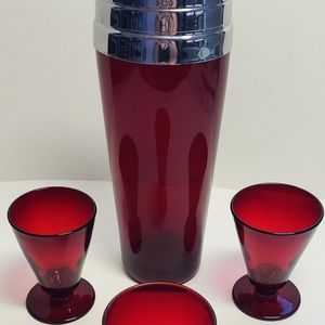 Royal Ruby Red Cocktail Shaker and Footed Glasses